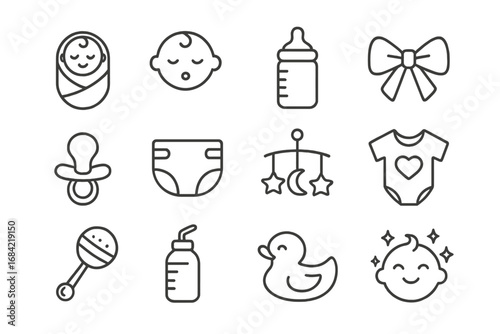 Newborn baby and infant care line icon set. Collection of simple outline symbols for childcare, maternity and parenthood. Includes pacifier, bottle, diaper and toys.