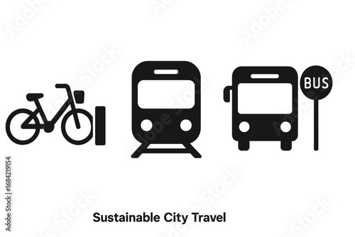 Sustainable City Travel Icons Set, Solid Black Vector Illustrations of Shared Bike Dock, Subway Train, Bus Lane, Public Transportation Symbols for Urban Mobility and Eco-Friendly Transit
