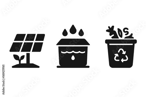 Sustainable Agriculture Icons. Solid filled vector set featuring eco-friendly solar panel energy, rainwater harvesting system, composting bin, organic farming technology and green farming concepts