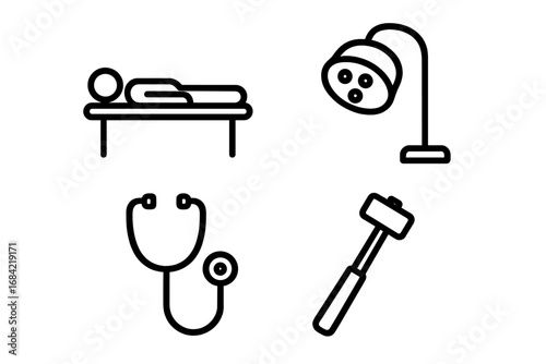 Medical icon set for physical examination. Vector line art symbols of a patient on a table, surgical lamp, stethoscope, and reflex hammer. Healthcare and diagnostics pictogram.