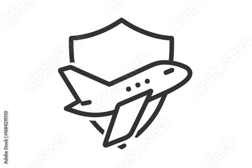 Travel insurance concept. Flight protection and safety symbol. Airplane with shield icon for secure journey and aviation defense. Vector logo for trip safety and assurance.