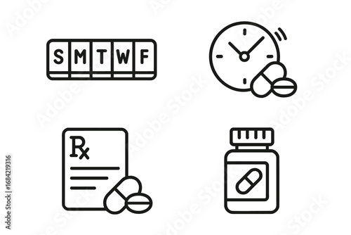 Medication management tools line icon set. Weekly pill organizer, reminder clock, prescription Rx, and medicine bottle. Healthcare and pharmacy vector symbols for treatment.