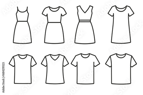 Clothing line icon set. Fashion collection of dresses and t-shirts. Summer apparel, casual wear thin outline symbols. Editable stroke vector illustration for web design, isolated.