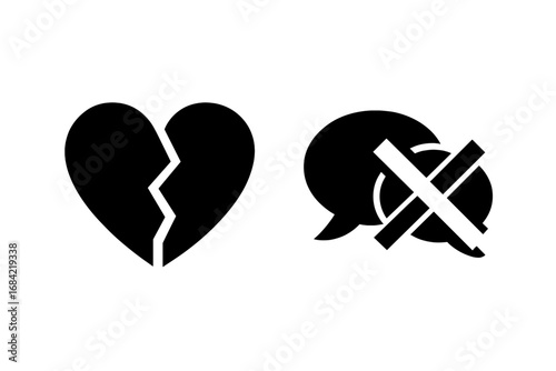 Relationship problem icons. Broken heart and communication breakdown symbols. Vector glyph set for concepts of divorce, conflict, breakup, misunderstanding, and emotional pain.