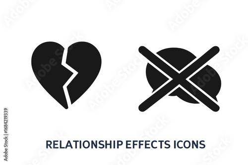 Relationship crisis icons. Broken heart symbol for heartbreak, divorce, breakup. No communication, conflict, argument sign. Vector set for emotional pain, sadness, loneliness.