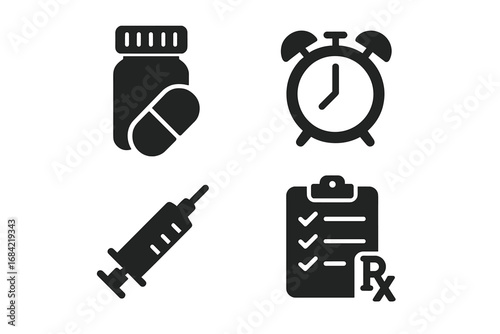 Medication management solid icon set. Vector collection of medical symbols including pill bottle, prescription checklist, syringe, and alarm clock for treatment schedule reminder.