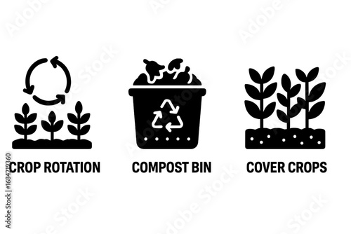 Sustainable farming icons solid filled vector set of eco-friendly agricultural practices crop rotation, compost bin, cover crops for soil health and organic farming