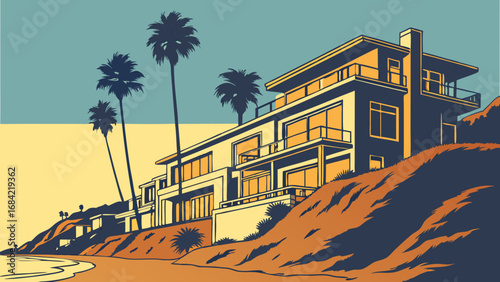 Coastal Houses Palm Trees Ocean View Summer Vacation Beach House Illustration Modern Architecture Cliffside Property Tropical Landscape Retro Style Vintage Art Holiday Home Seaside Resort Luxury Real.