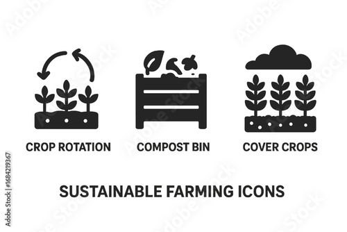 Sustainable farming icons set, solid filled vector illustration of crop rotation, compost bin, cover crops for eco-friendly agriculture and organic horticulture design