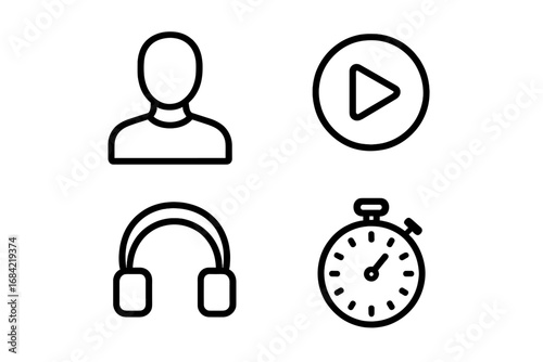 Meditation and mindfulness app icon set. Outline vectors with narrator, play, headset & timer for guided relaxation, stress relief, and audio wellness courses.
