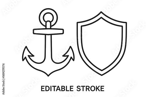 Anchor and shield line icon. Metaphor for safety, security, and stability. Maritime protection and naval defense symbol. Strong foundation and reliable safeguard concept vector.