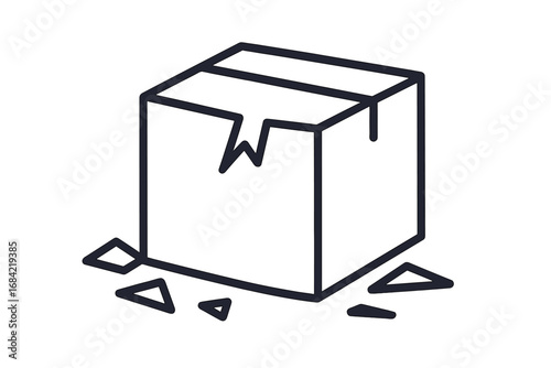 Broken box icon. Damaged package symbol. Fragile cargo concept. Shipping problem or delivery error. Poor handling, return, insurance claim metaphor. Vector line art illustration.