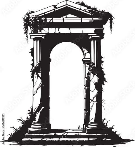 Ancient Ruined Stone Archway Covered in Vines Dramatic Black and White Illustration Detailed Architecture and Nature Combined