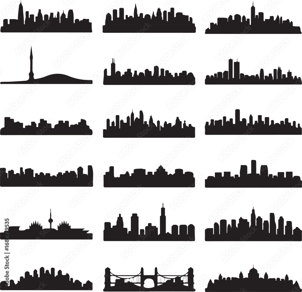Fototapeta premium Diverse city skyline silhouettes in black and white cityscape urban