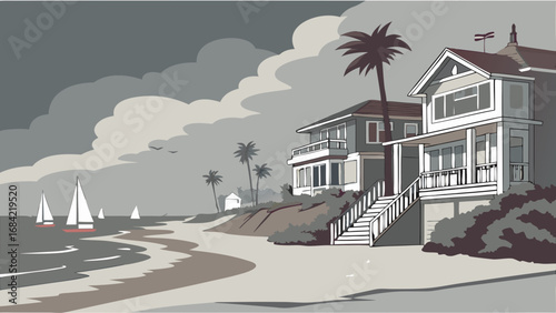 Coastal Houses Sailboats and Cloudy Sky A Serene Beach Scene Illustration.