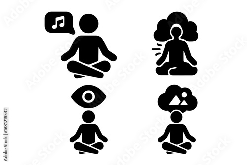 Meditation techniques icon set. Solid glyph icons for wellness apps and websites. Guided meditation, breathing exercise, visualization, and mindfulness practice concepts.