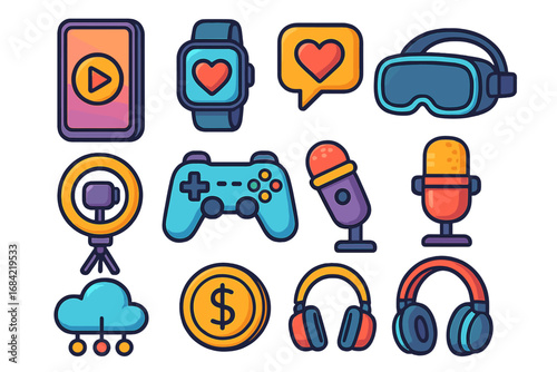 Colorful icon set of modern digital entertainment and content creation. Vector icons for streaming, gaming, vlogging, podcast, social media, VR, and online monetization.