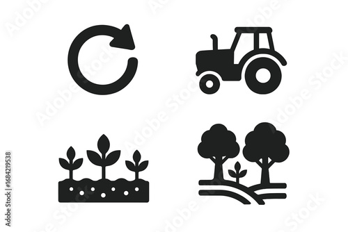 Sustainable farming icons vector set, solid filled symbols of sustainable land management cycle, green tractor agricultural equipment, crop growth stages, agroforestry scene illustration