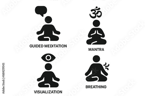 Meditation techniques solid glyph icon set. Guided meditation, mantra, visualization, breathing exercise. Mindfulness and yoga practice vector pictogram collection.