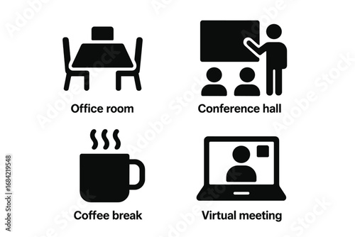 Meeting icons set. Solid glyph pictograms collection. Business concepts like office room, conference hall presentation, coffee break and virtual video call or webinar vector.