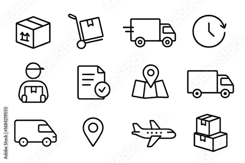 Delivery service and logistics line icon pack. Transportation and shipping symbols. Includes truck, plane, courier, package tracking, and order fulfillment outline pictograms.
