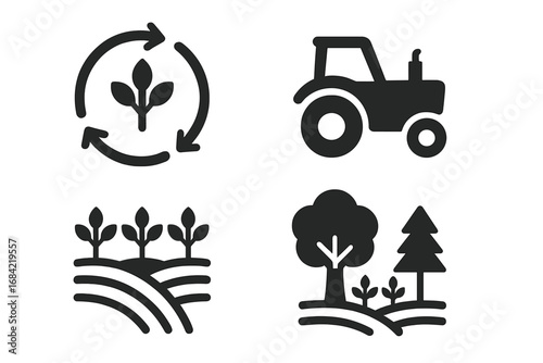 Sustainable farming icons vector set, solid filled symbols of eco-friendly agriculture, land management, crop rotation, green tractor, agroforestry, and environmental farming concepts