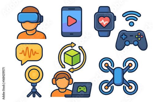 Modern technology & entertainment icon set. Vector concepts for VR, gaming, streaming, metaverse, drone, health tech & content creation. Flat cartoon digital media symbols.