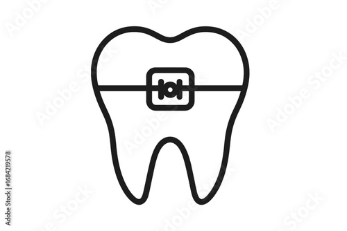 Brace on tooth vector line icon. Orthodontic treatment concept. Dental care and oral hygiene symbol. Molar with bracket for alignment. Dentistry, stomatology graphic.