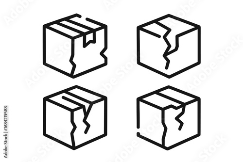 Broken box icon set. Damaged package and fragile parcel concept. Vector line art for logistics, shipping problem, delivery error, or return. Modern outline symbols.