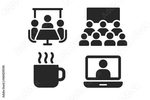Meeting icons set for business communication. Solid glyph collection of conference room, presentation, virtual meeting, video call, webinar and coffee break symbols. Vector.