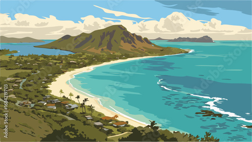 Coastal Landscape with Mountain and Beach Tropical Island Paradise Illustration Summer Vacation Scene.