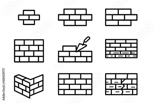 Brick wall line icon set. Building and construction symbols. Masonry, brickwork, and stonework outline signs for graphic and web design. Vector illustration of laying bricks.