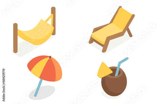 Relaxation isometric icon set. Summer vacation on the beach. Leisure and holiday symbols. Hammock, lounge chair, sun umbrella, tropical coconut cocktail. Travel resort concept.
