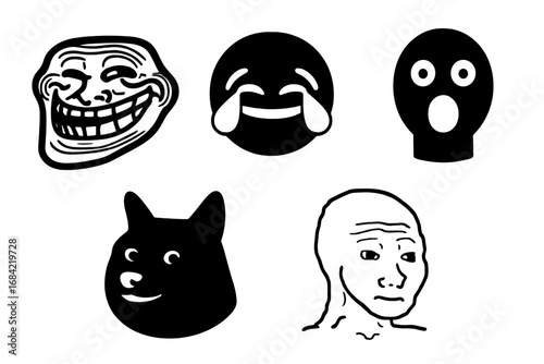 Meme icon grid. Solid filled vector icon set of 5 of internet culture. Troll face, crying laughing emoji, shocked reaction, doge head, wojak face. Funny social media sticker pack.