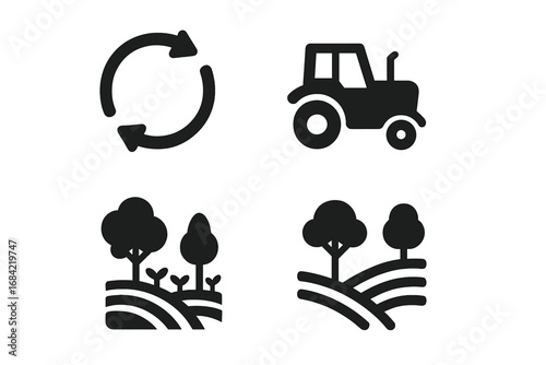 Sustainable Farming Icons Vector Set, Solid Filled Symbols of Eco-Friendly Agriculture, Land Management Rotation, Green Tractor, Agroforestry Landscape Illustrations on Transparent Background