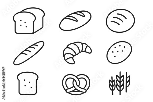Bread and bakery line icon set. Vector symbols for food, pastry, baking. Loaf, toast, croissant, baguette, pretzel, wheat. Minimalistic linear pictogram for graphic design.