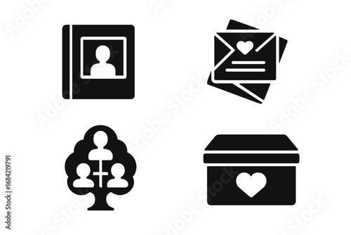 Memories and legacy glyph icon set. Family history, genealogy and keepsake symbols. Photo album, love letter, family tree, and memory box solid silhouette vector icons.