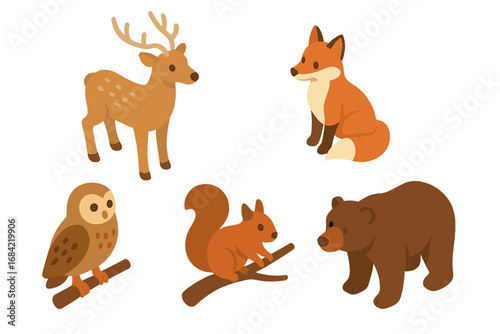 Isometric Wildlife Icons Collection, Forest Animals and Fauna Vector Set Featuring Deer, Fox, Owl Perched on Branch, Squirrel, and Bear Cartoon Illustrations for Nature Design