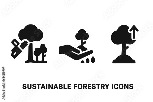 Solid Sustainable Forestry Icons Set with Selective Logging, Tree Replanting, Growth Symbols, Eco-friendly Forest Management Vector Illustration on Transparent Background