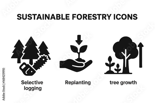 Sustainable forestry icons vector set with selective logging, replanting seedlings, and tree growth symbols for eco-friendly forest management practices