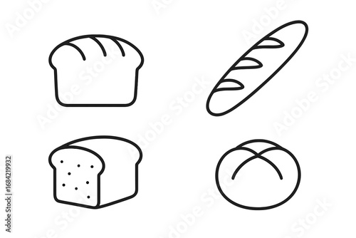 Bread outline icon set. Loaf, baguette, sandwich bread, and roll linear symbols. Bakery food concept. Vector graphic for cooking, recipe, menu design. Editable stroke.