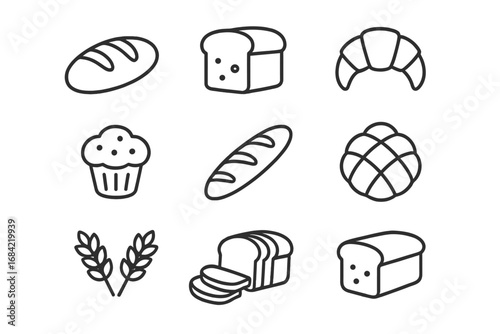Bread and bakery line icon set. Vector symbols of pastry and baked goods. Loaf, sliced toast, baguette, croissant, muffin, wheat. Minimal food graphic for web and apps.