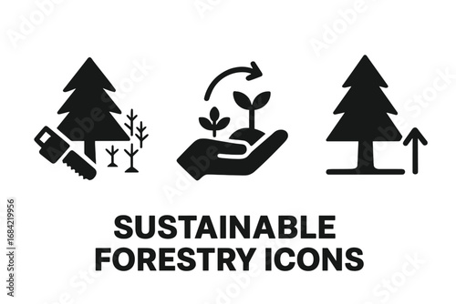 Sustainable Forestry Icons, Solid Filled Vector Set of Eco-Friendly Forestry Practices Including Selective Logging, Replanting, and Tree Growth Symbolizing Forest Conservation and Management