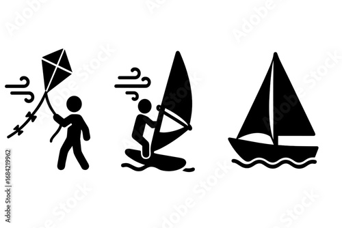 Wind Activity Icons Set, Solid Black Filled Vector with Outdoor Wind Sports and Recreation Symbols: Kite Flying, Windsurfing, Sailing Boat, Wind Energy Symbols Transparent Illustration