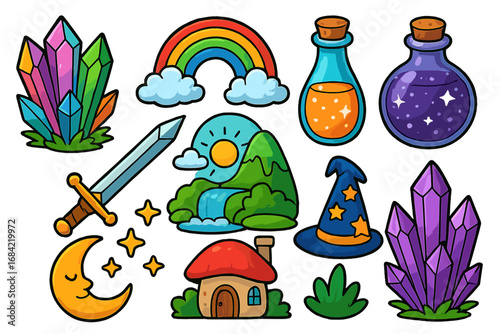 Set of cute fantasy cartoon icons. Vector collection with magic elements like crystal, sword, potion, wizard hat, rainbow, moon, and landscape for a game or fairytale.