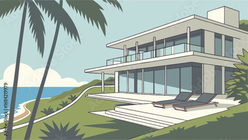 Coastal Modern House Illustration Ocean View Villa Tropical Landscape Design Luxury Home Beachfront Property Architectural Drawing Summer Vacation Home Seaside Residence Palm Trees Relaxation Holiday.