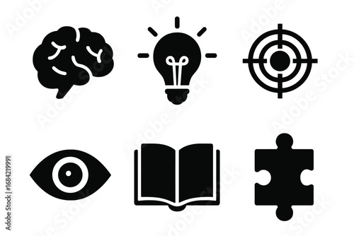 Mental focus and clarity solid icon set. Vector glyphs for brainstorming, problem solving, knowledge and strategy. Brain, light bulb, target, eye, book, puzzle piece.