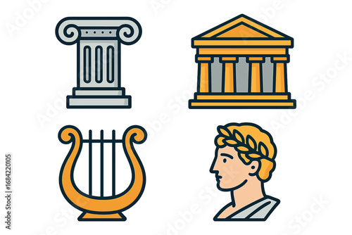 Set of ancient Greece and Rome icons. Vector collection of classical culture symbols: temple, column, lyre, and emperor. History and mythology concept illustration.