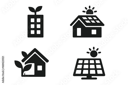 Sustainable Infrastructure Icons Set, Solid Filled Vector Illustrations of Green Building, Eco-friendly House with Solar Roof, Renewable Energy Concepts on Transparent Background