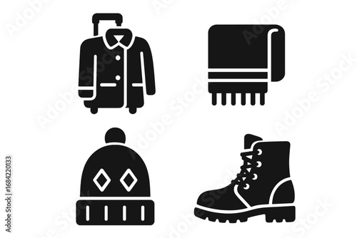 Winter Travel Essentials Icons Solid Filled Vector Set of Travel-Ready Winter Looks with Suitcase, Coat, Scarf, Warm Hat, and Sturdy Boots for Cold Season Trips